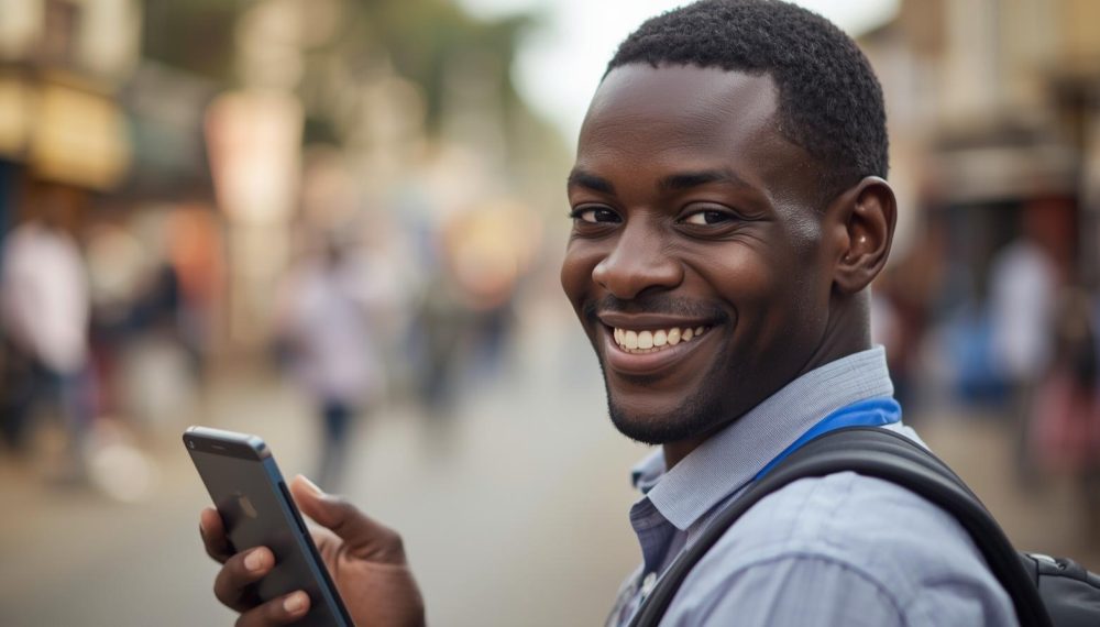 Smiling African american mobile money agent