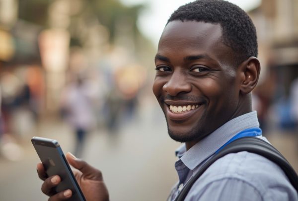 Smiling African american mobile money agent