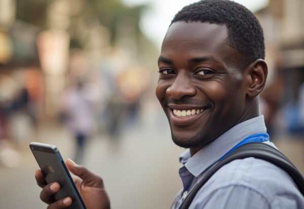 Smiling African american mobile money agent