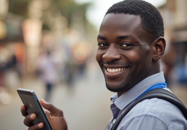 Smiling African american mobile money agent