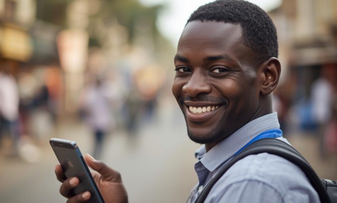 Smiling African american mobile money agent