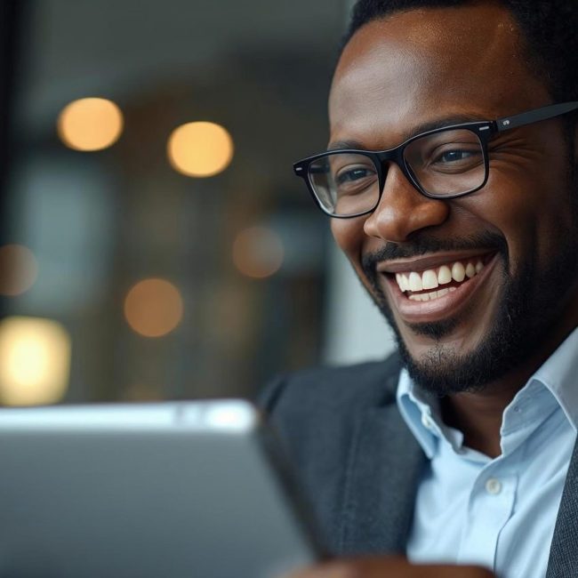 AFRICAN businessman using a telecommunication service... smiling and happy in a meeting ultrarealistic