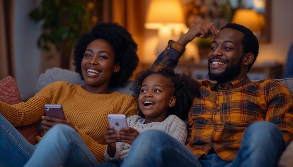 an African family chillig at home enjoying a movie cosy atmosphere.. using a router in the background (white in color) in a modern beautiful palour all lookinf relaxed and in a good mood .. rea